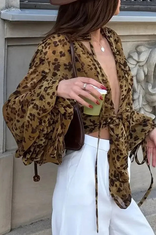Y2K Bluse mit Leopardenmuster vorne zum Binden