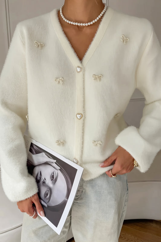 Fuzzy Bow Embellished V Neck Cardigan
