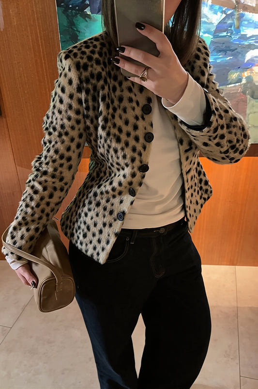 Leopard Print Round Neck Button Jacket