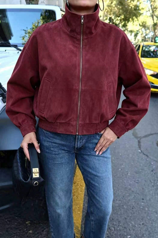 Burgundy Stand Collar Zip Jacket