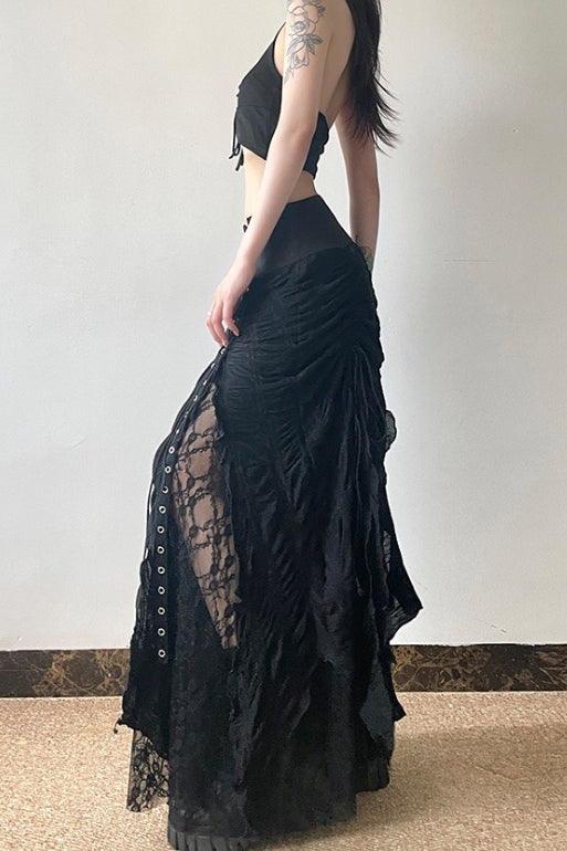 Y2K Gothic Maxirock mit Schnürung und Patchwork-Einsätzen