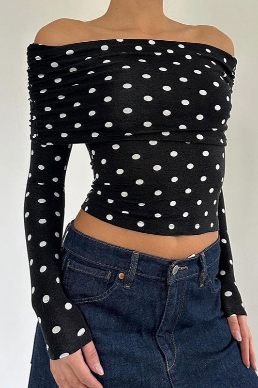 Schulterfreies Crop-Top mit Polka Dot-Farbblock