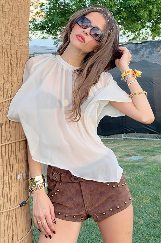 Gathered Neck Flutter Sleeve Blouse