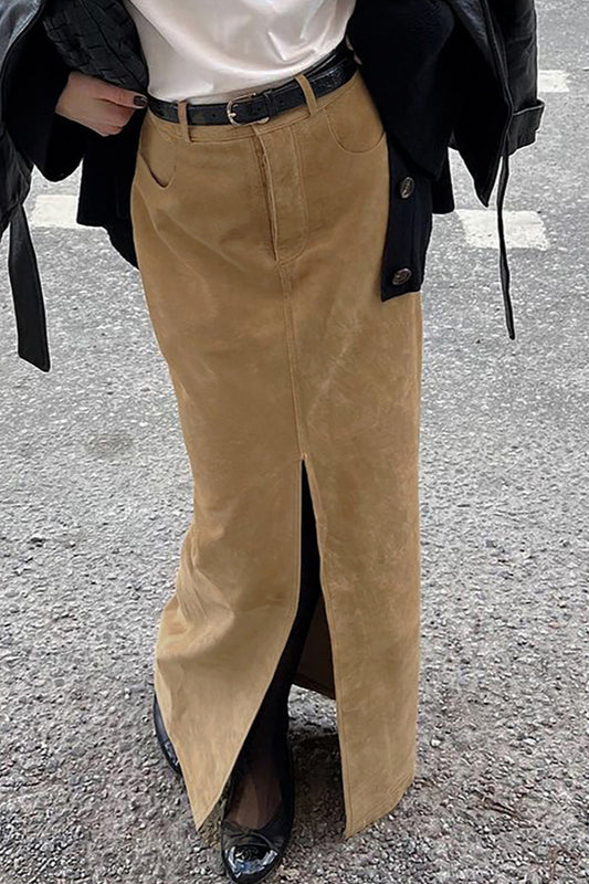 Vintage Wildleder Braun High Waist Split Midirock