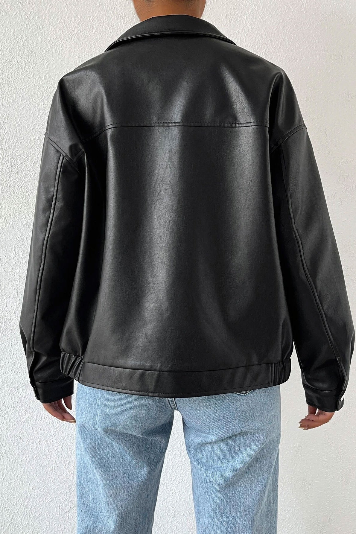 Solid Color Leather Look Jacket