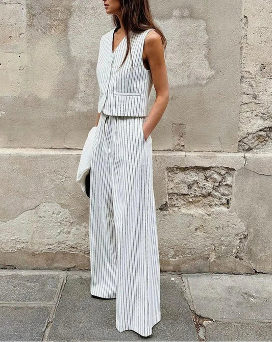 Lockere, weite Hose mit Streifenmuster fürs Büro, zweiteiliges Set