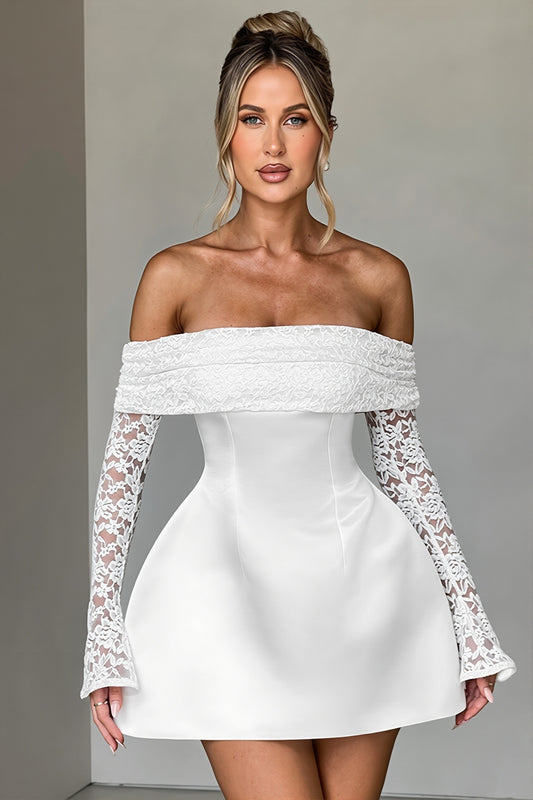 Off Shoulder Lace Sleeve A Line Mini Dress