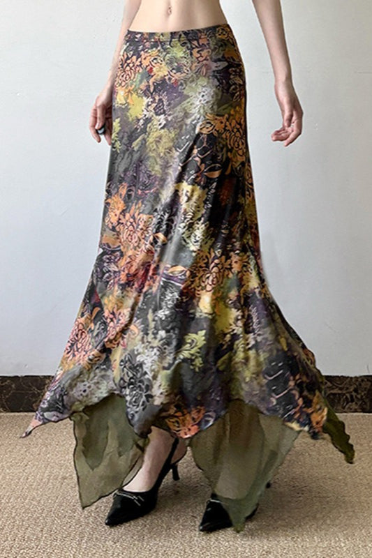 Maxirock aus Netzstoff in A-Linie mit botanischem Print