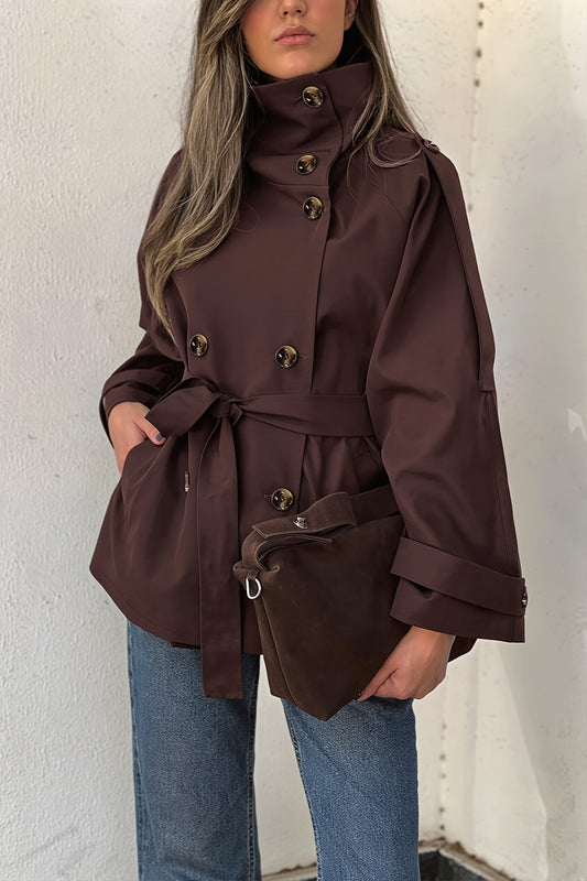 Shoulder Tie High Neck Belted Trench Coat