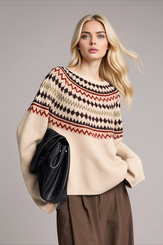 Fair Isle Loose Crewneck Plus Size Knit Sweater Apricot / One Size