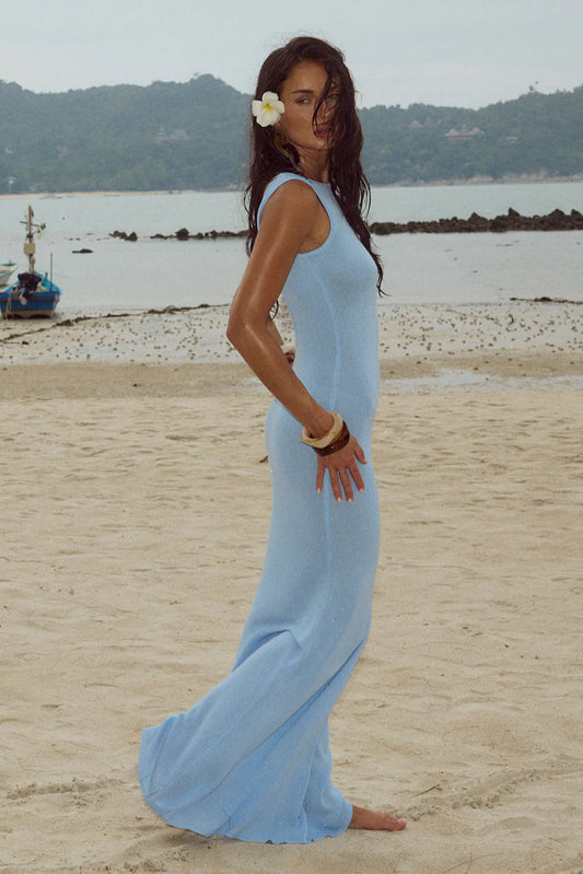 Sexy, glänzendes, ärmelloses, rückenfreies, figurbetontes Maxikleid