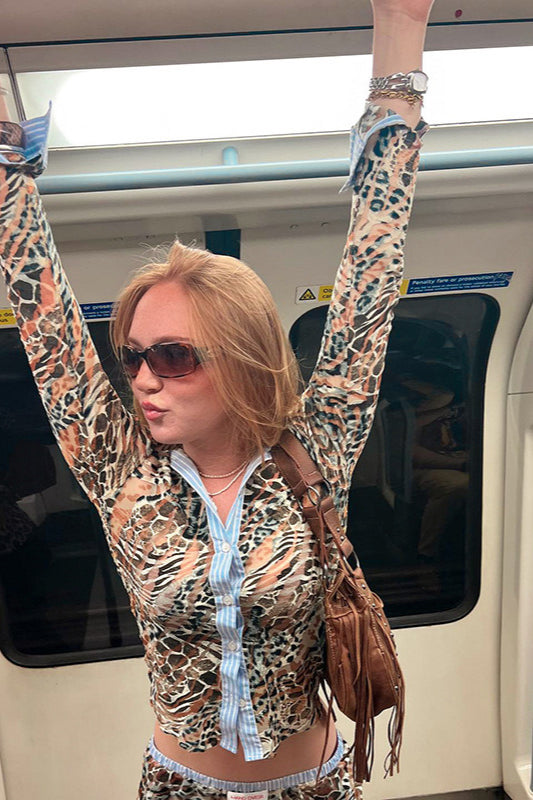 Leopard Print Panel Long Sleeve Blouse