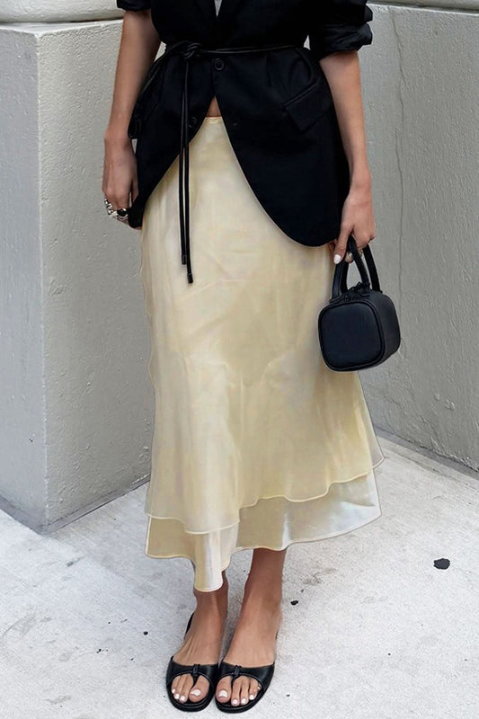 Sheer-Panel Satin Fishtail Midi Skirt