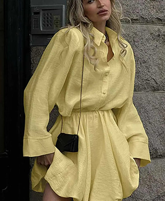 Gelbes, einreihiges Mini-Büro-Zweiteiler-Set aus Baumwolle