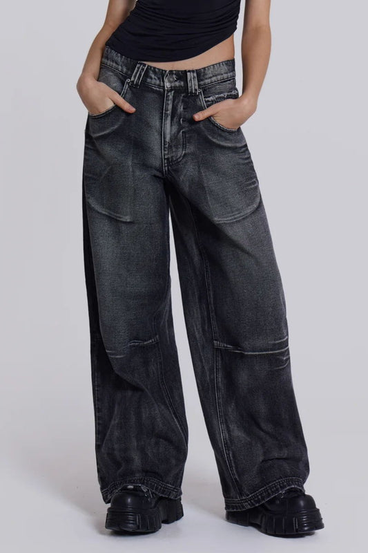 Y2K Jeans mit Engelsflügel-Print, gewaschen, weites Bein