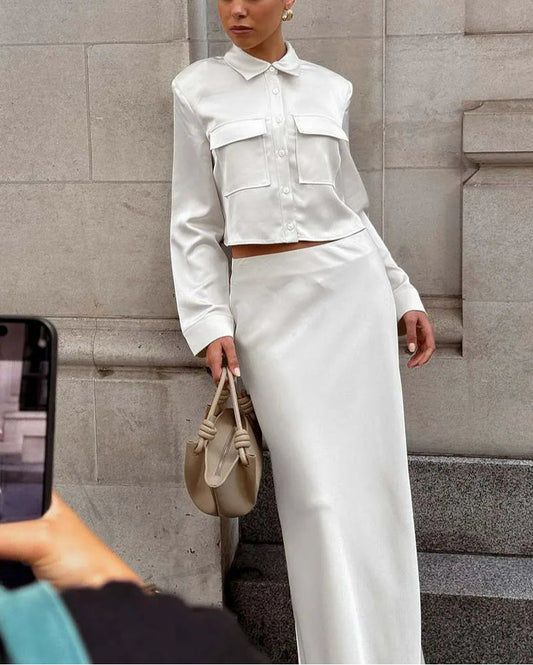 Weißer schmaler Revers-Bodenrock fürs Büro, zweiteiliges Set