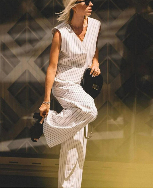 Lockere, weite Hose mit Streifenmuster fürs Büro, zweiteiliges Set