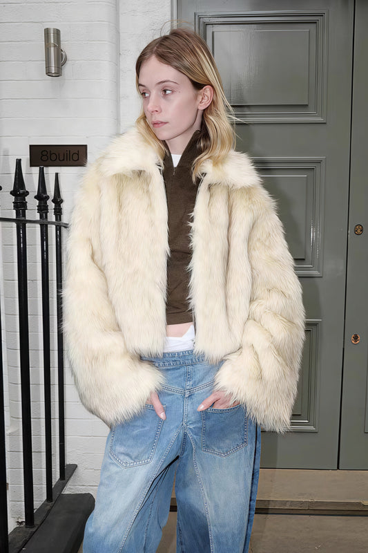 Short Faux Fox Fur Quilted Coat