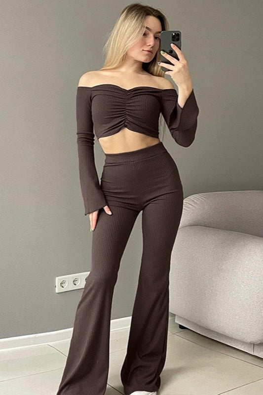 Off Shoulder Long Sleeve Top and Flare Pants Set