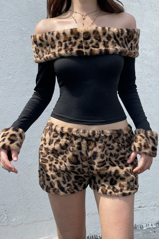 Leopard Print Fleece Off-the-shoulder Two Piece Set