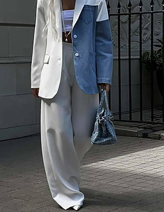 Weiße Patchwork-Jeanshose fürs Büro, zweiteilig