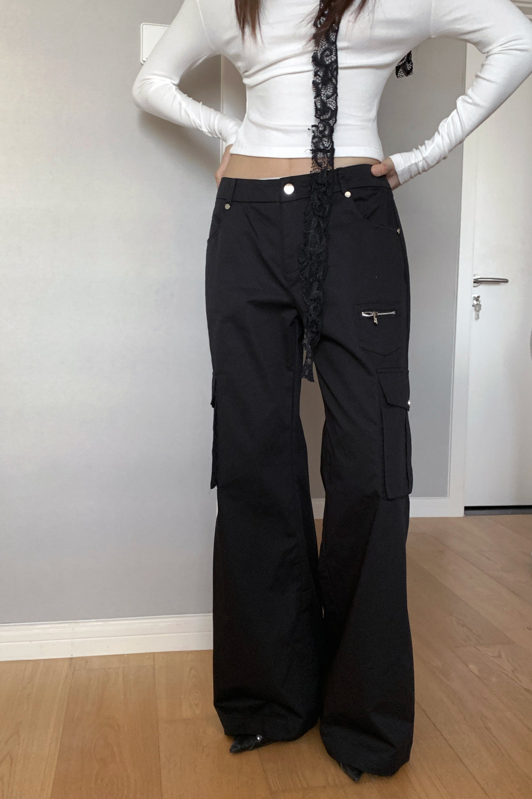 High Waist Loose Multi Pocket Cargo Pants Black / S