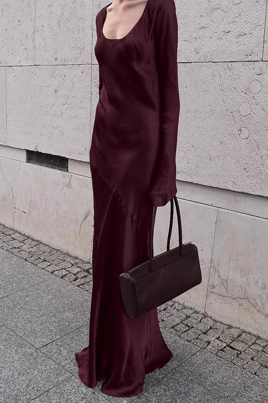 Elegantes, einfarbiges Meerjungfrauen-Maxikleid aus Satin mit U-Ausschnitt