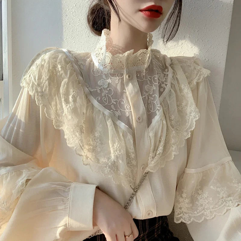 Lace Up Ruffled Sweet Loose Spring Blouse blouse-250126