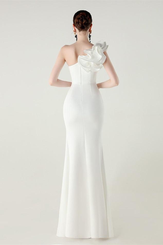 Ruffled Floral One Shoulder Satin Party Dress