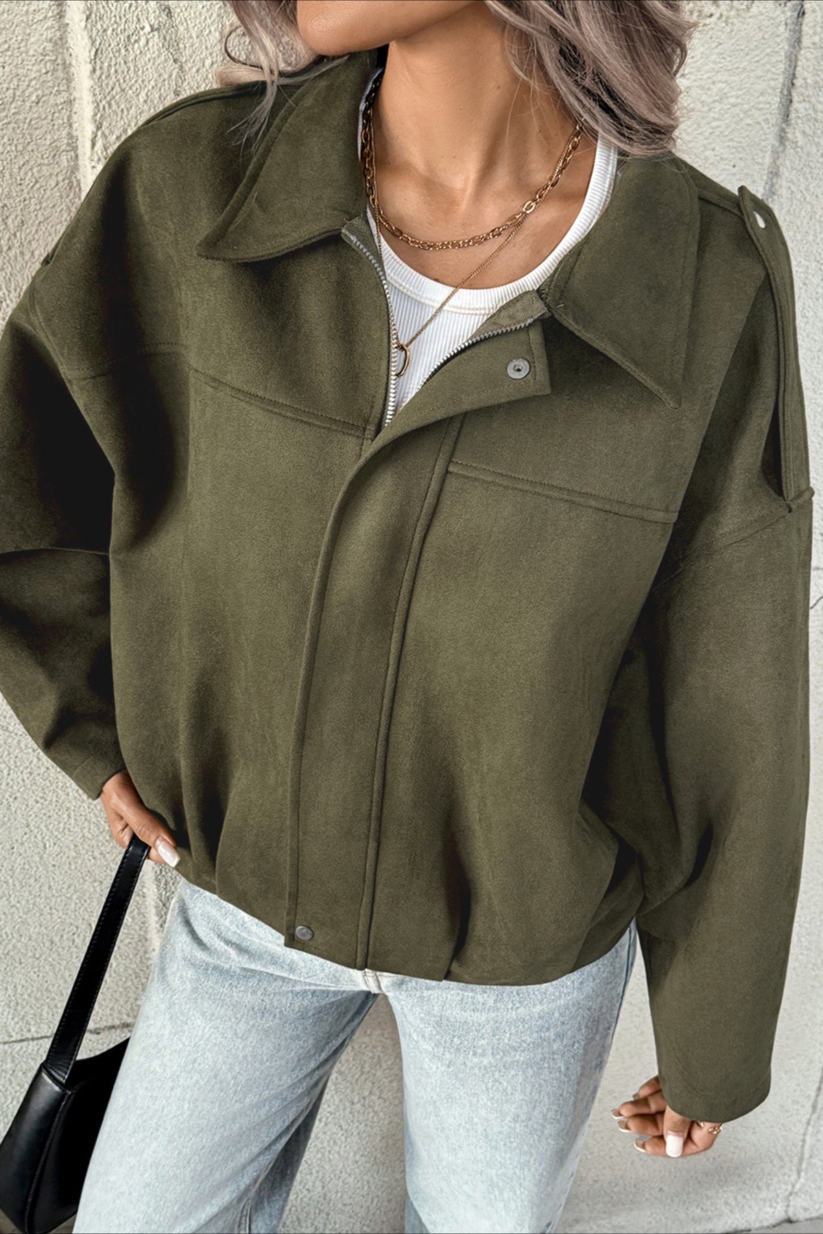 Lapel Collar Suede-Look Bomber Jacket