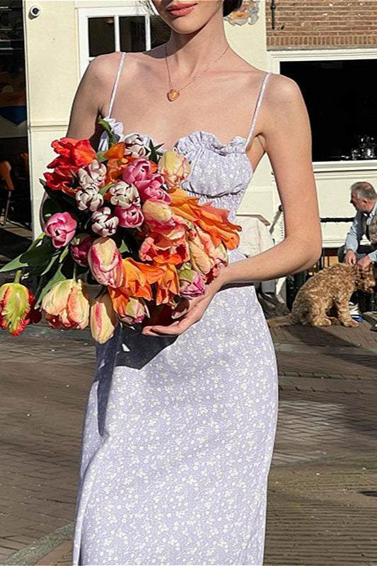Rüschen-Maxikleid mit Spaghettiträgern und Blumenmuster