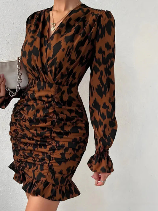 Leopardenmuster V-Ausschnitt Taillenband Bodycon Minikleid Partykleid 