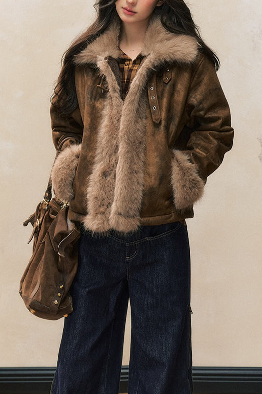 Brown Faux Fur Trim Wool Blend Coat