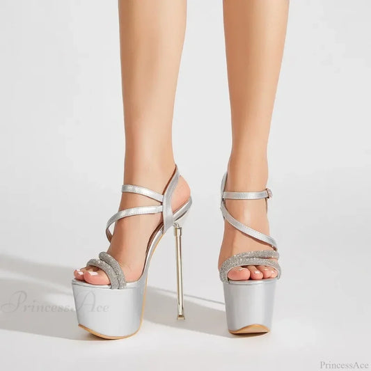 7Cm Platform Runway Rhinestone Sexy Open Toebuckle Strap 17Cm Thin High Heels Club Party Heel