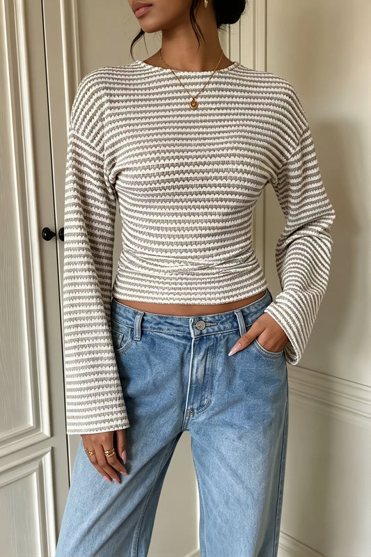 Striped Crew Neck Flared Cuff Long Sleeve Tee