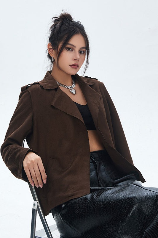 Suede Open Front Biker Jacket Brown / One Size
