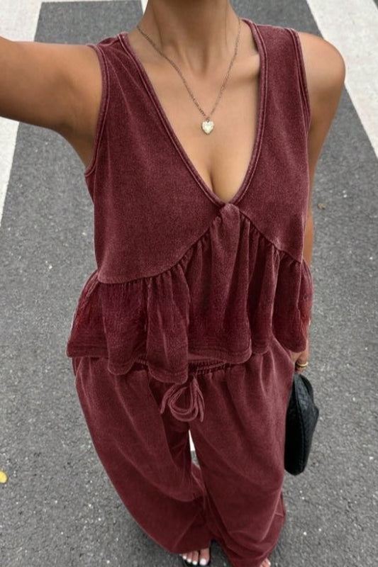 Ruffle V-Neck Sleeveless Top and Wide Leg Pants Set