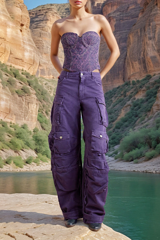 Cargohose aus Denim mit übergroßer Tasche und hoher Taille