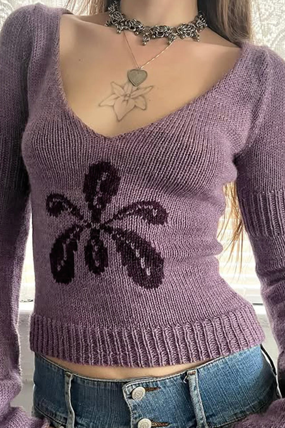 V Neck Floral Jacquard Sweater