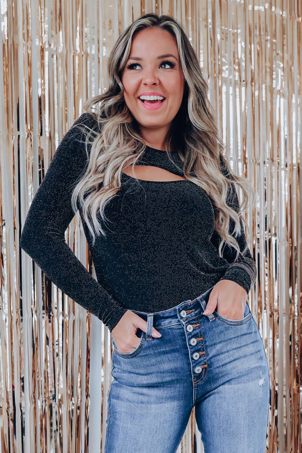 Arm Out In Top Long Metallic Cut Sparkle Black Tops