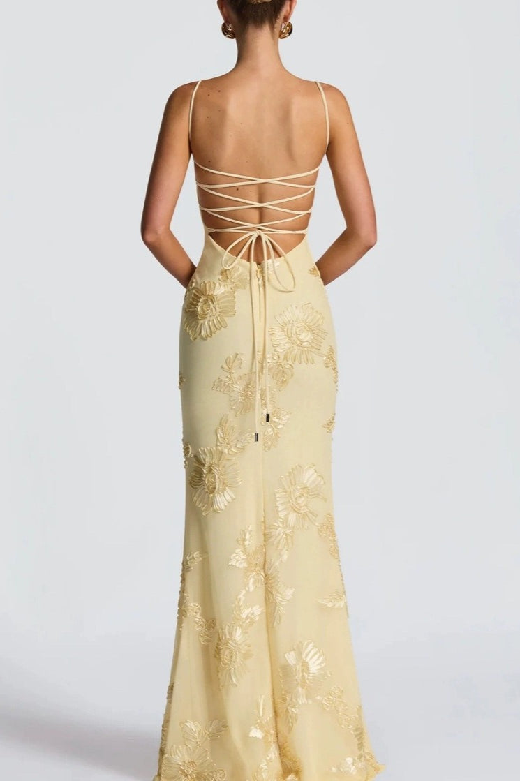 Strapless Floral Embroidered Maxi Dress Yellow / XS