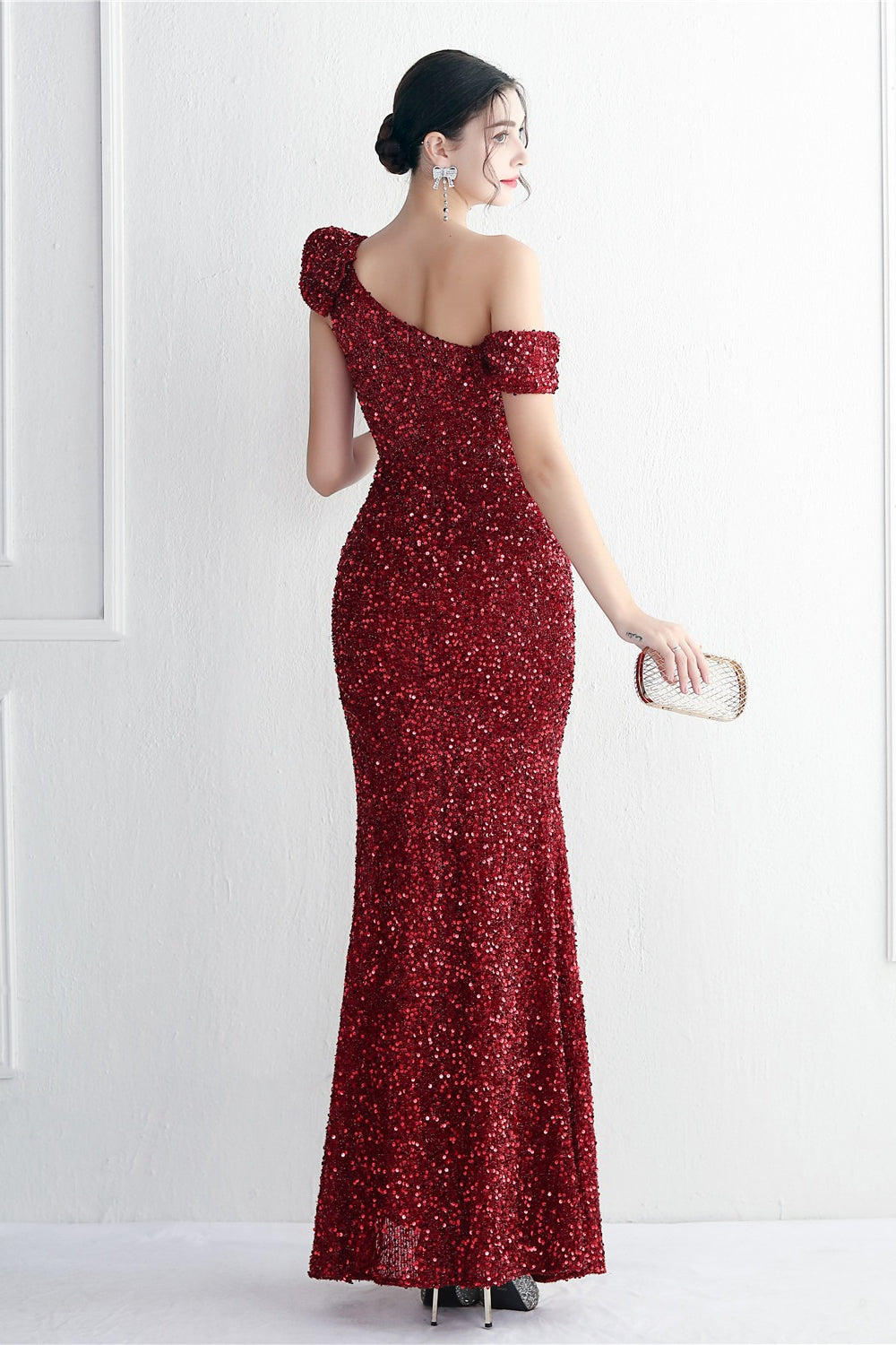 Embellished One Shoulder Mermaid Formal Dress S / Red