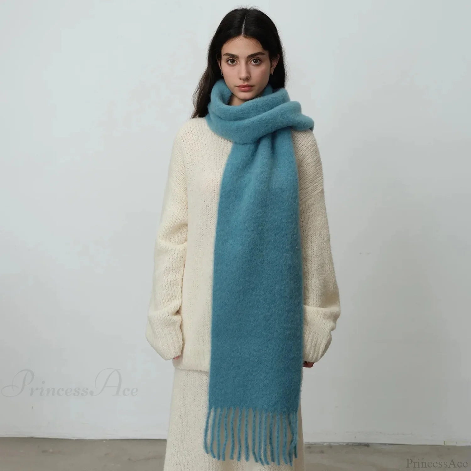 80% Wool Blend Solid Color Tassel Scarf For Women - Autumn Winter Collection Scarfs-L