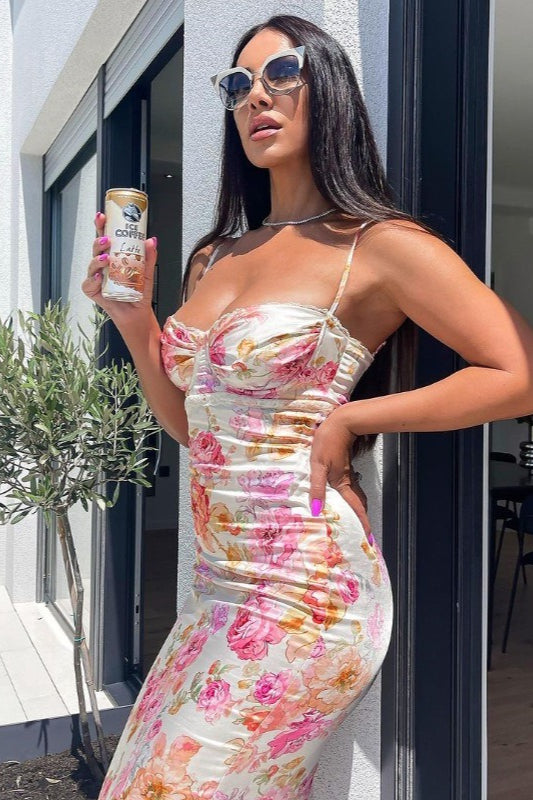 Rückenfreies Maxikleid mit Blumenmuster und Spaghettiträgern