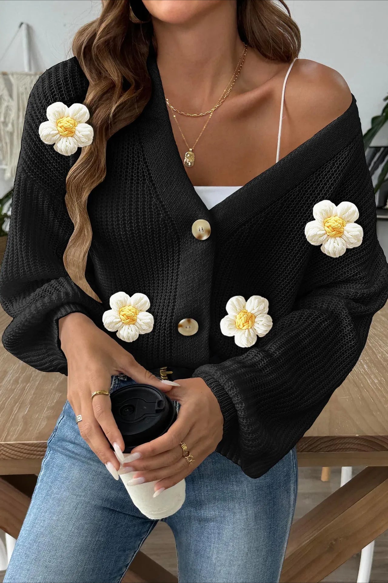 Short Floral Knit Long Sleeve Cardigan