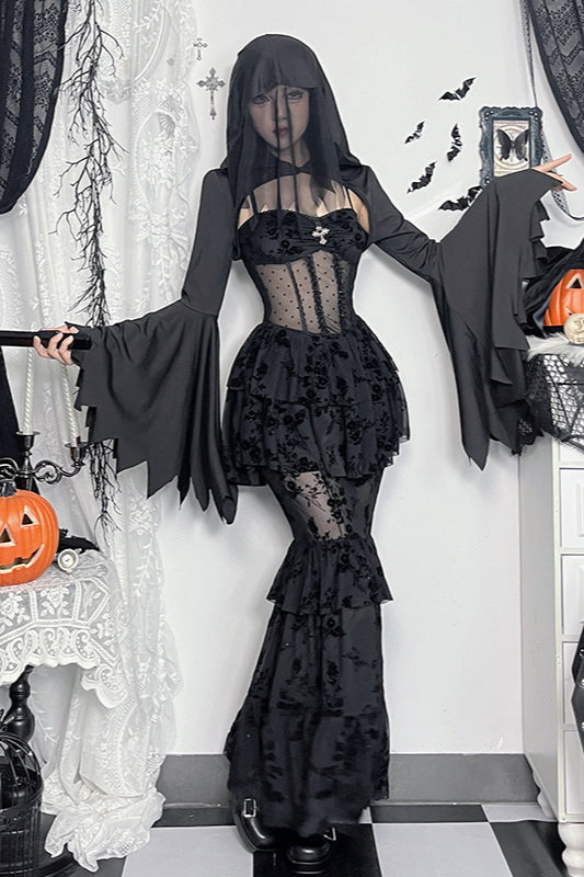 Halloween Gothic-Kleid aus dunklem Netzstoff