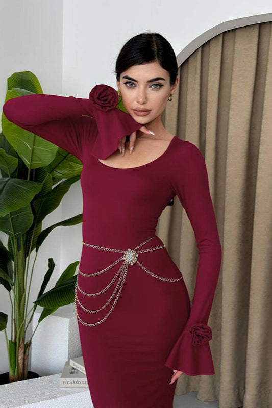 Partykleid mit Rundhalsausschnitt, Rosenverzierung und langen Ärmeln