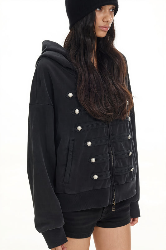 Military Button Front Zip Hoodie
