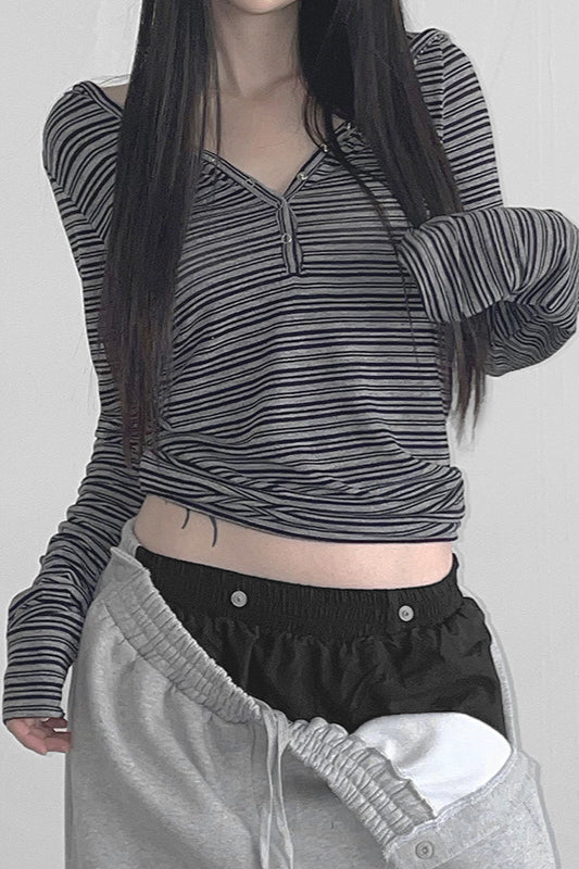 Kapuzenbluse mit Streifenmuster, Farbblock-Design, Knopfleiste, V-Ausschnitt und langen Ärmeln