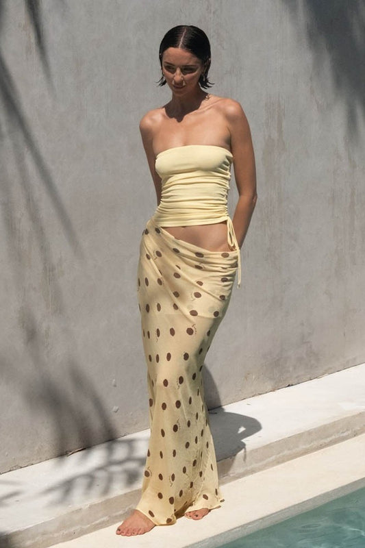 Sexy trägerloses, tailliertes Maxikleid mit Polka-Dot-Patchwork